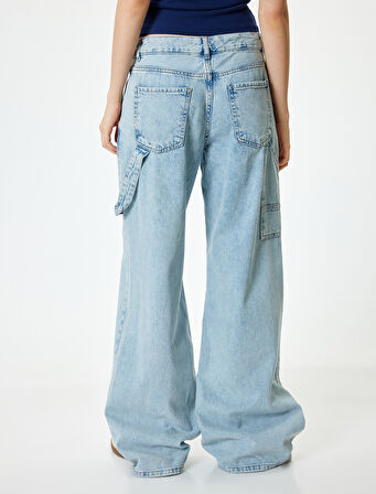 Bol Paça Kot Pantolon Cep Detaylı Düğmeli Pamuklu - Loose Straight Fit Jeans