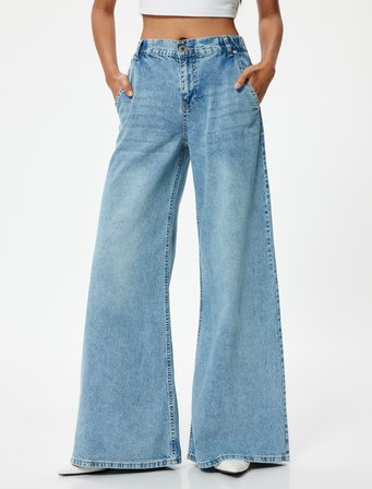 Geniş Paça Kot Pantolon Standart Bel Düğmeli - Bianca Wide Leg Jeans