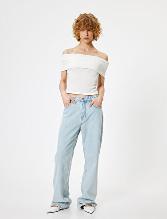 Madonna Yaka Crop Bluz Kısa Kollu Bürümcük Dokulu Slim Fit