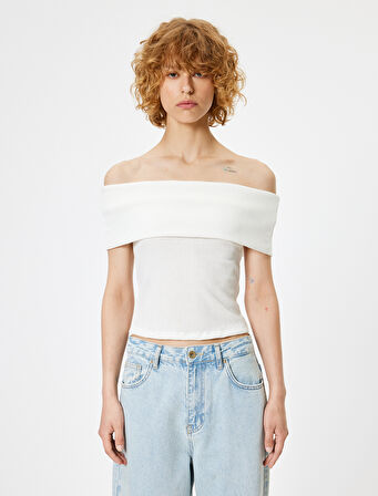 Madonna Yaka Crop Bluz Kısa Kollu Bürümcük Dokulu Slim Fit