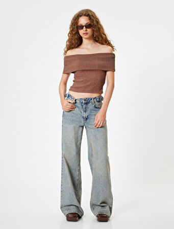 Madonna Yaka Crop Bluz Kısa Kollu Bürümcük Dokulu Slim Fit