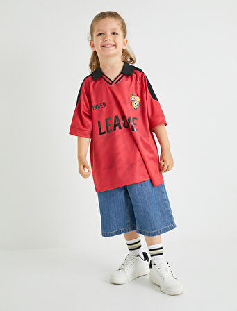 Oversize Tişört Spor Baskılı Kısa Kollu Polo Yaka 