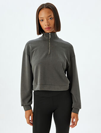 Yarım Fermuarlı Spor Sweatshirt Dik Yaka Rahat Kalıp Kalın Modal Kumaş