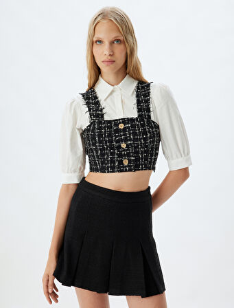 Balon Kol Gömlek Crop Tüvit Kumaş Detaylı Düğmeli Slim Fit