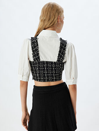 Balon Kol Gömlek Crop Tüvit Kumaş Detaylı Düğmeli Slim Fit