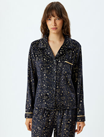 Pijama Üstü Örme Düğmeli Gömlek Yaka Parıltılı Yıldız Baskılı