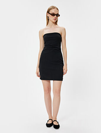 Mini Elbise Straplez Yaka Kolsuz Slim Fit Drapeli