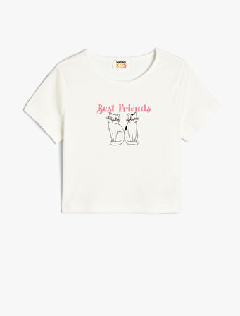 Tişört Kedi Baskılı Kısa Kollu Bisiklet Yaka Pamuklu