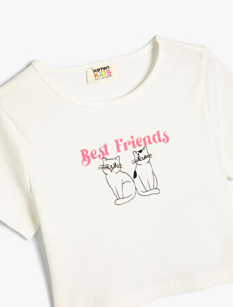 Tişört Kedi Baskılı Kısa Kollu Bisiklet Yaka Pamuklu
