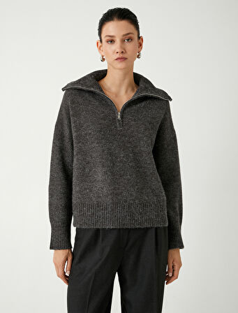 Yarım Fermuarlı Triko Kazak Dik Yaka Uzun Kollu