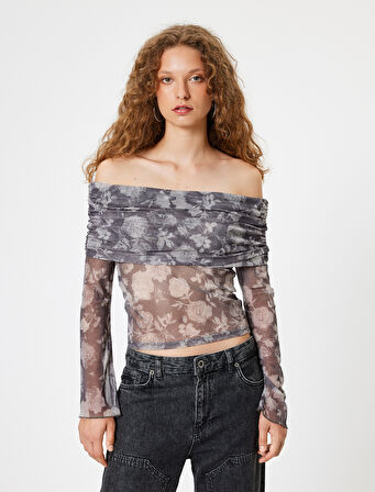 Transparan Bluz Omzu Açık Madonna Yaka Uzun Kollu Çiçek Desenli