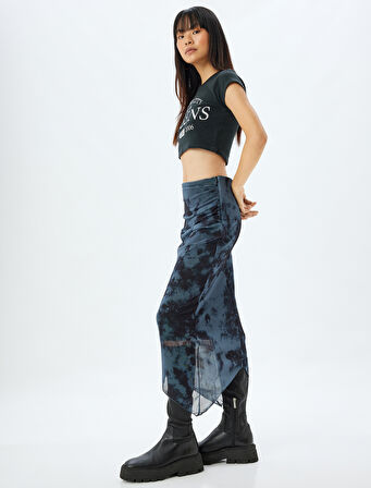Midi Etek Tül Batik Görünümlü Drapeli Slim Fit