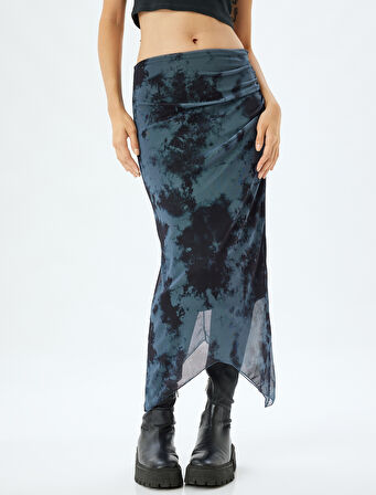 Midi Etek Tül Batik Görünümlü Drapeli Slim Fit