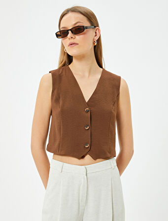 Crop Yelek Bluz İnce Aerobin Kumaş V Yaka Düğmeli