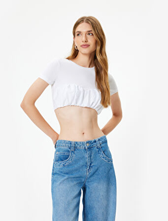 Crop Tişört Balon Form Skinny Kısa Kollu Yuvarlak Yaka Pamuklu