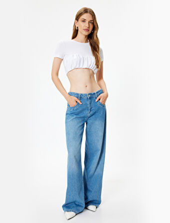 Crop Tişört Balon Form Skinny Kısa Kollu Yuvarlak Yaka Pamuklu