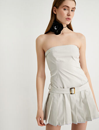 Mini Pileli Straplez Elbise Kemer Detaylı Slim Fit