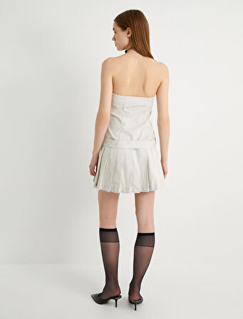 Mini Pileli Straplez Elbise Kemer Detaylı Slim Fit