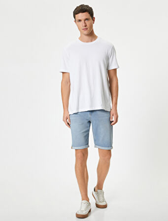 Bermuda Kot Şort Katlı Paça Detaylı Cepli Düğmeli