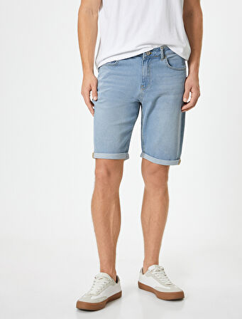 Bermuda Kot Şort Katlı Paça Detaylı Cepli Düğmeli