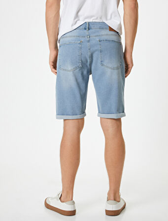 Bermuda Kot Şort Katlı Paça Detaylı Cepli Düğmeli