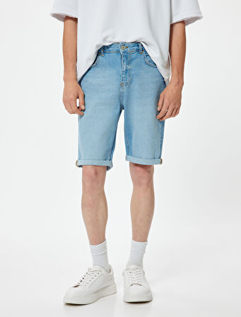 Slim Fit Kot Şort Bermuda Katlama Paçalı Düğme Detaylı
