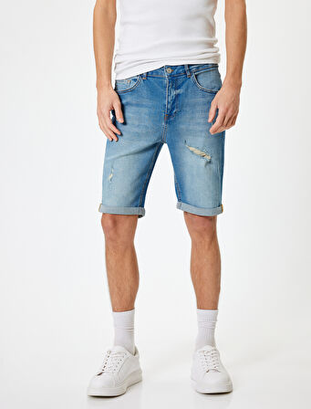 Slim Fit Kot Şort Bermuda Katlama Paçalı Düğme Detaylı