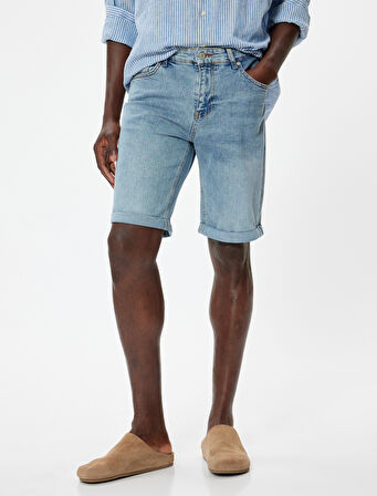 Slim Fit Kot Şort Bermuda Cep Detaylı Pamuklu