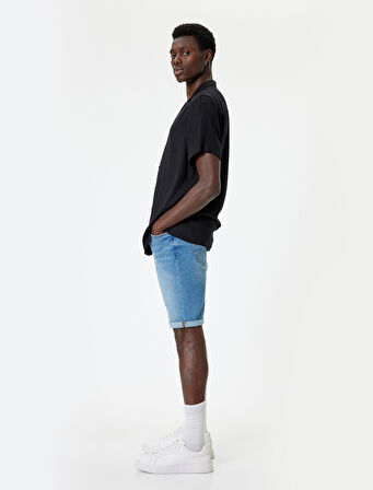 Slim Fit Kot Şort Bermuda Düğmeli Cep Detaylı