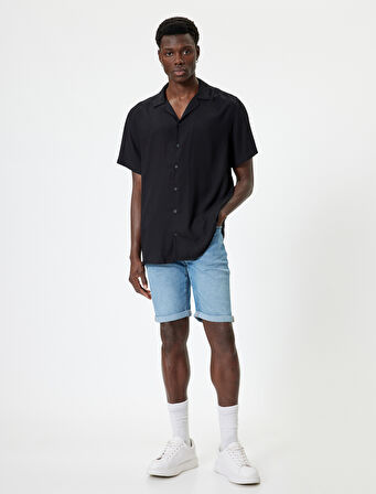 Slim Fit Kot Şort Bermuda Düğmeli Cep Detaylı
