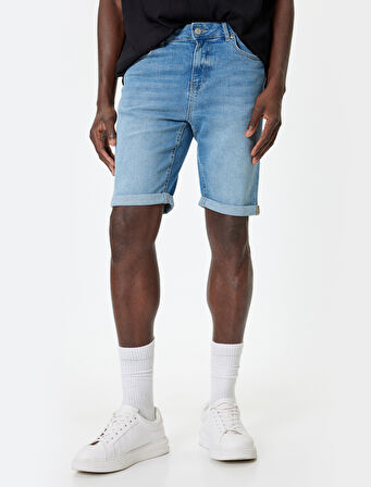 Slim Fit Kot Şort Bermuda Düğmeli Cep Detaylı