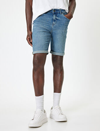 Slim Fit Kot Şort Bermuda Düğmeli Cep Detaylı