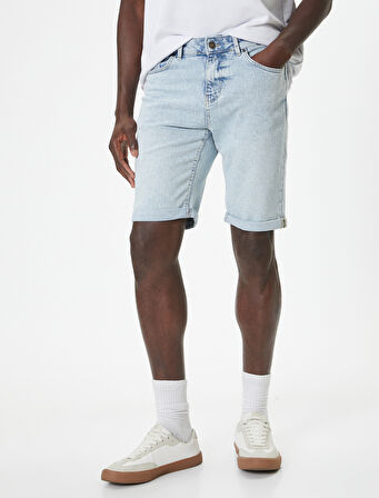 Slim Fit Kot Şort Bermuda Düğmeli Cep Detaylı