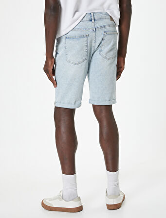 Slim Fit Kot Şort Bermuda Düğmeli Cep Detaylı