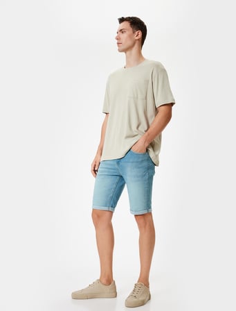 Slim Fit Kot Şort Bermuda Katlamalı Paça Cep Detaylı Pamuklu