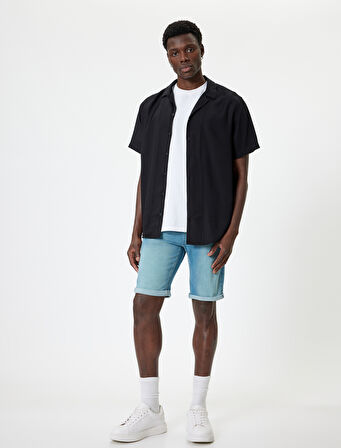 Slim Fit Kot Şort Bermuda Katlamalı Paça Cep Detaylı Pamuklu