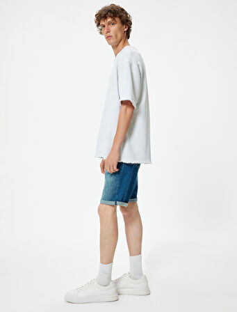 Slim Fit Kot Şort Bermuda Katlamalı Paça Cep Detaylı Pamuklu