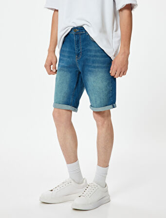 Slim Fit Kot Şort Bermuda Katlamalı Paça Cep Detaylı Pamuklu