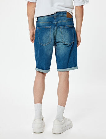 Slim Fit Kot Şort Bermuda Katlamalı Paça Cep Detaylı Pamuklu