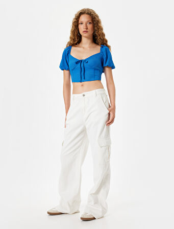 Crop Tişört Balon Kol Korse Görünümlü Bürümcük V Yaka Slim Fit