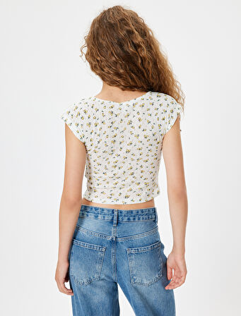 Meyve Baskılı Tişört Fiyonklu Kap Kol Kare Yaka Slim Fit Pamuklu