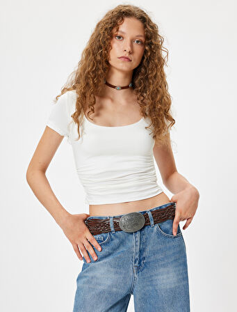 Basic Tişört U Yaka Slim Fit Kısa Kollu Drapeli