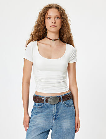 Basic Tişört U Yaka Slim Fit Kısa Kollu Drapeli