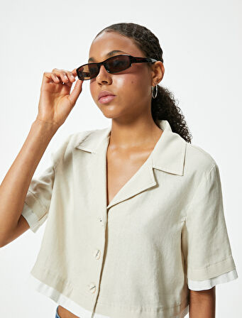 Crop Gömlek Oversize Düğmeli Kısa Kollu Devrik Yaka Keten Karışımlı