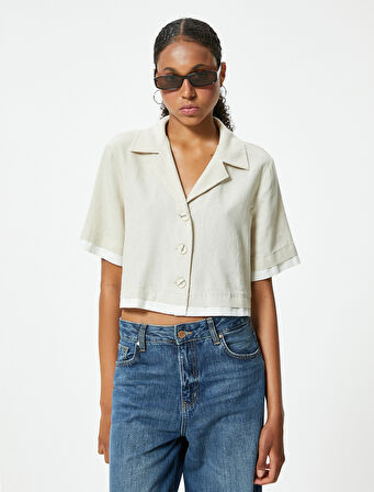 Crop Gömlek Oversize Düğmeli Kısa Kollu Devrik Yaka Keten Karışımlı