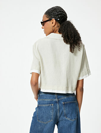 Crop Gömlek Oversize Düğmeli Kısa Kollu Devrik Yaka Keten Karışımlı