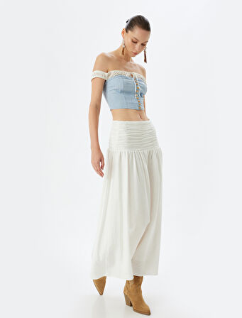 Crop Bluz Düğmeli Kayık Yaka Omzu Açık Slim Fit
