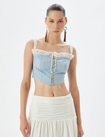 Crop Bluz Düğmeli Kayık Yaka Omzu Açık Slim Fit