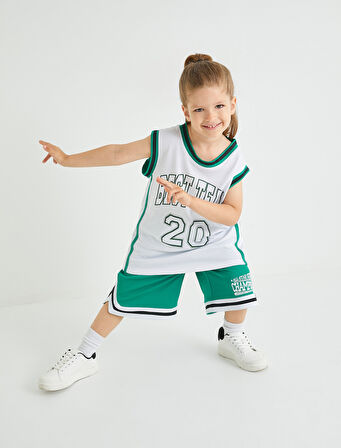 Oversize Spor Şort Baskılı Cepli Beli Bağlamalı Renk Bloklu