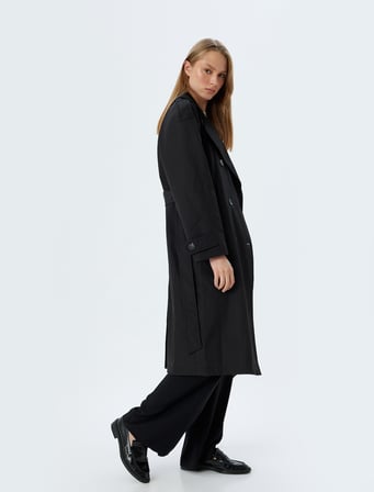 Kruvaze Düğmeli Kuşak Detaylı Cepli Uzun Oversize Trençkot